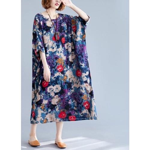 2020 Summer Floral Elbise New Cotton and Llinen Literary Large Size Womens Dress Tie-dye Retro Colors Long Dress Lady Robe K184