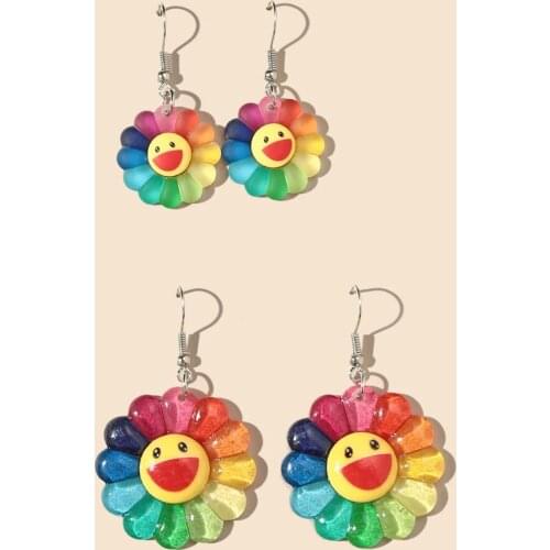 2 Pairs/Set Lovely Smiling Flower Acrylic Drop Earrings For Women Girls Cute Colorful Sunflower Dangle Earrings Fashion Jewelry