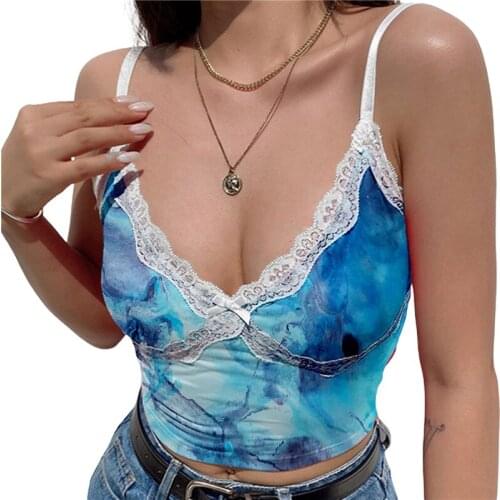 2021 Fashion Trend Womens Tie Dye Camisoles Sleeveless V Neck Lace Patchwork Bow Front Crop Cami Tops Summer Skinny Casual Tank