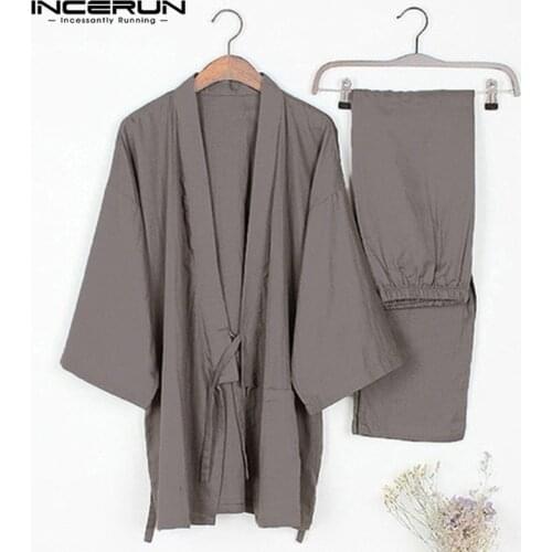 2021 Mens Traditional Kimono Pajamas Suits Robe Gown 2Pcs/Set Lounge Bathrobe Male Sleepwear Loose Cotton Japan Pajamas Hombre