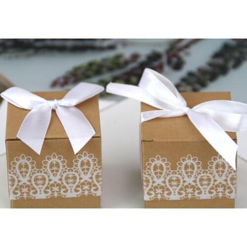 50pcs sweet lovely Decoration Candy box paper boxes Gift box Rustic & Lace Kraft Favor Box With Ribbon Wedding and Party