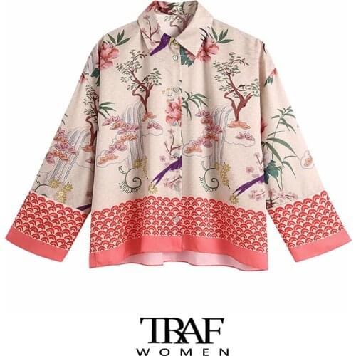 TRAF Za Women Fashion Floral Print Loose Asymmetric Blouses Vintage Long Sleeve Button-up Female Shirts Blusas Chic Tops