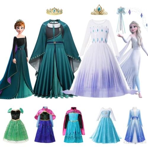 Disney Frozen 2 Costume for Girls Princess Elsa Dress White Sequined Mesh Ball Gown Kids Snow Queen Cosplay Carnival Clothing
