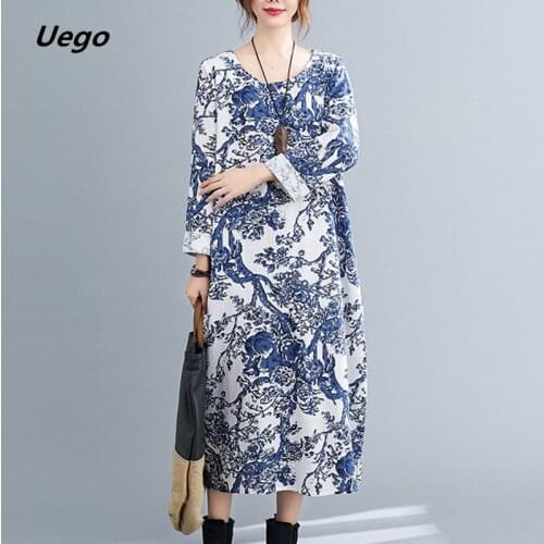 Uego Cotton Linen Chinese Style Vintage Dress Print Floral Loose Women Dress Long Sleeve Autumn Dress Female Spring Casual Dress