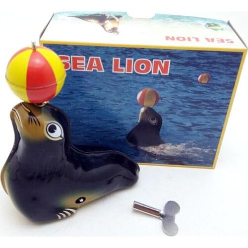 Sea Lion Playing Ball Tin Toy Childhood Clockwork Winder Cars Vintage Handmade Collection Home Action Figure Metal Wind Up Toys
