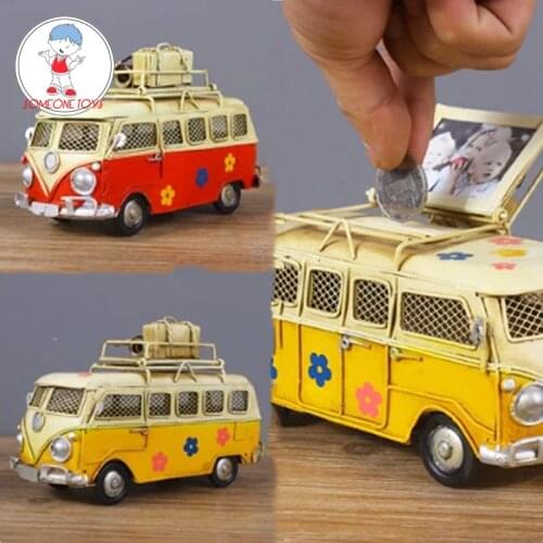 17cm Mini City Bus Model Retro Vintage Handmade Iron Car Toys Ornaments Model Kids Toys piggy bank Children birthday Gift Toys