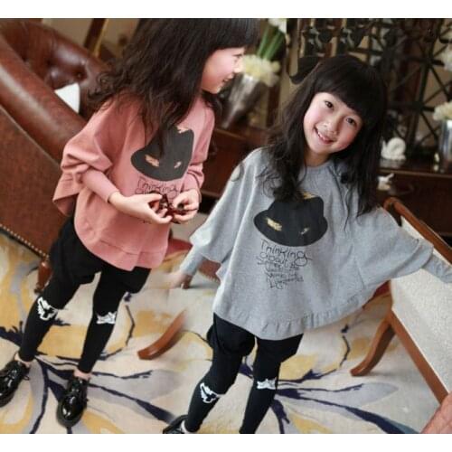Girls fashion clothing Spring/Autumn long-sleeved cotton Sweatshirts bat little black hat sleeve T-Shirts childrens clothes
