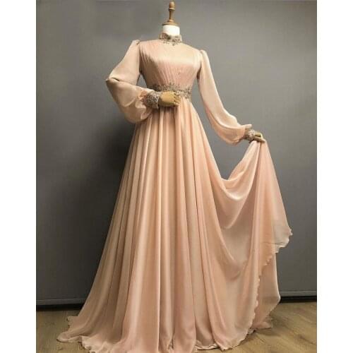 Muslim Prom Dresses 2021 Full Sleeve Evening Gowns High Neck Appliques A Line Formal Party Dress Arabia Dubai Robe