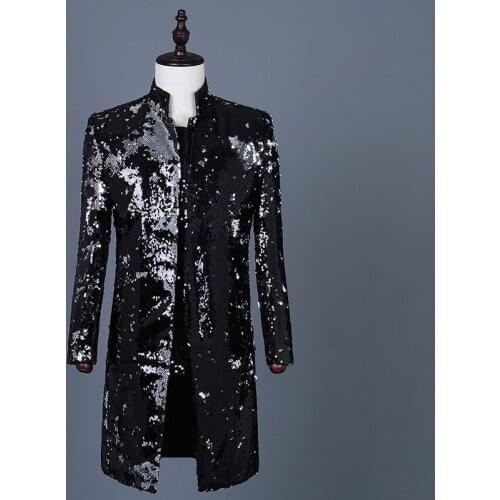 Mid-long Sequins Blazer Single Breasted Mens Handsome Windbreaker Singer Stage Costume Slim Fit Autumn&Winter Jacket
