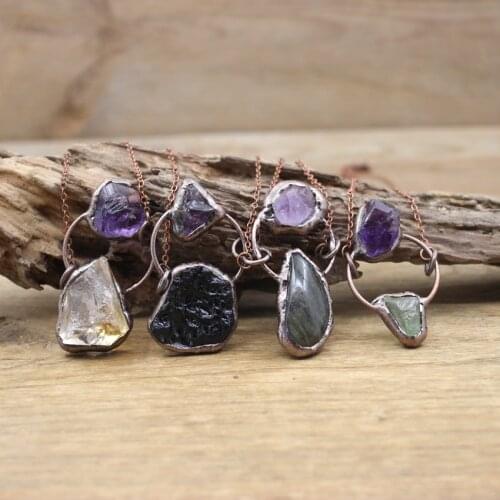 Raw Amethysts Labradorite Antique Copper Hoop Pendants,Healing Energy Stone Gems Meditation Bronze Necklace Retro Jewelry,QC3058