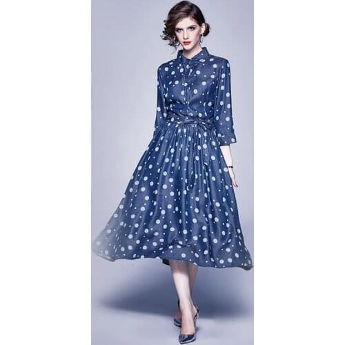 SMTHMA 2021 Women New Spring Elegant Dot Print Denim Dress High Quality Vintage Design Runway Long Dresses Vestidos