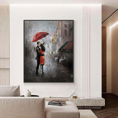 Modern Oil Painting Lover Walking In The Rain With Red Umbrella 100% Hand Painted On Canvas Living Room Home Decor Wall Art
