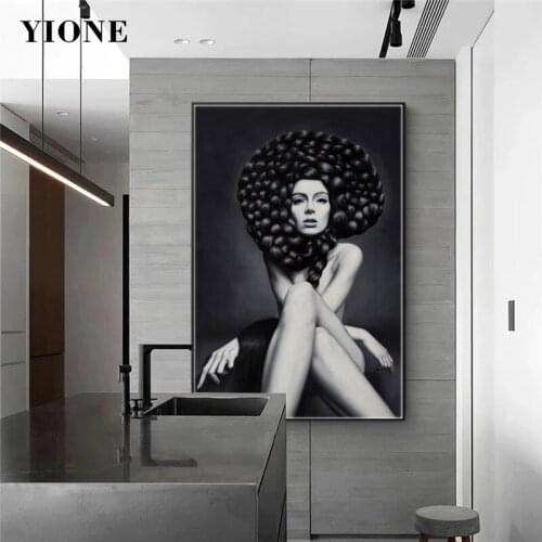 Modern Hair Art Woman Canvas Paintings Vogue Black and White Figure Pictures Prints Wall Posters for Bedroom Living Room Decor