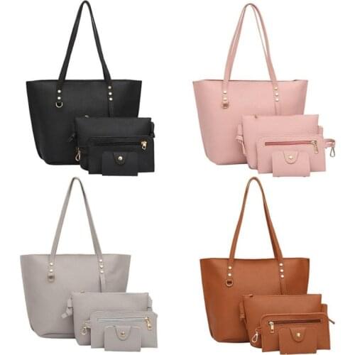 4pcs/set Solid Color Litchi Pattern Composite Bags Women Shoulder Crossbody Handbags Clutch Card Holder Totes Purse