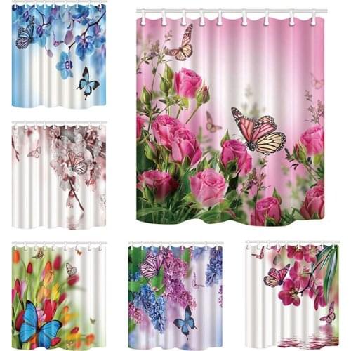 Pink Pose Butterfly Print Waterproof Shower Curtain Polyester Washable Fabric Bath Curtain Home Bathroom Curtains with 12 Hooks