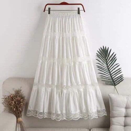 Midi Skirts Black Purple Elegant Party Long Skirt Sweet Kawaii Chiffon Lace Stitching A-Line Pleated Skirt Womens High Waist