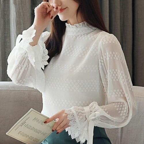 Novo Rendas Roupas Femininas Tops Moda Manga Comprida Lace Costura Chiffon Blusa Office Lady Chiffon Camisa