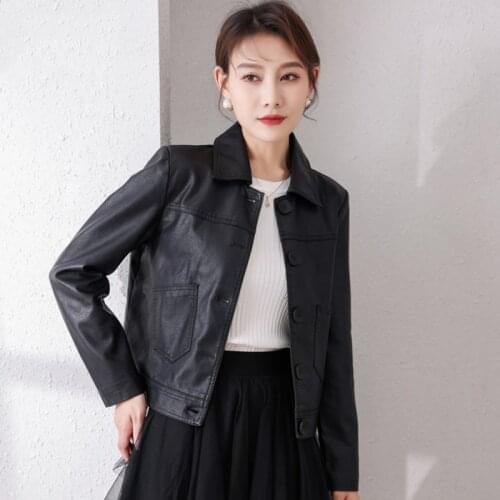 2021 Faux Leather Cropped Jacket Women Punk Pocket Patchwork PU Leather Coat Black Button Jacket Harajuku Long Sleeve