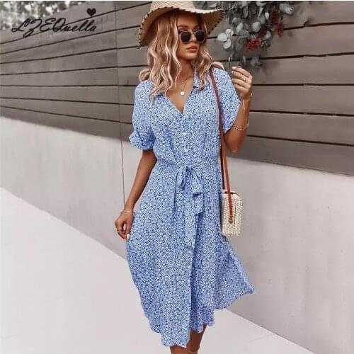 Women Fashion Floral Print Sashes Boho Long Dress Turn-down Collar High Waist Short Sleeve Ruffled Beach Dresses Ladies Vestidos