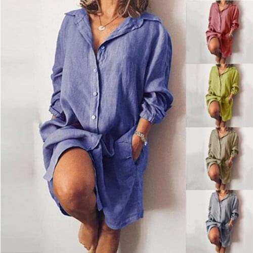 2021 Autumn Lapel Neck Long Shirt Dress Women Long Sleeve Solid Loose Button Pocket Sundress Work Casual Dress Vestido Oversized