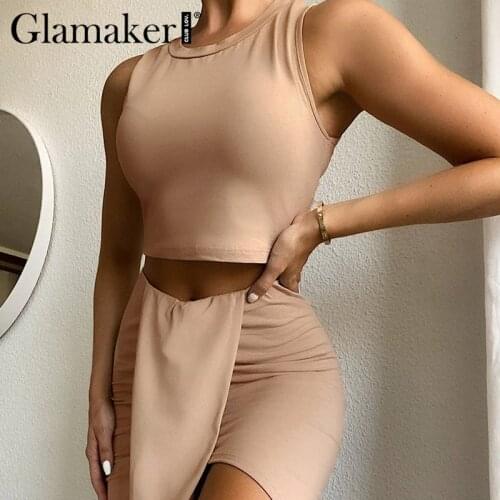 Glamaker Sexy sleeveless 2 piece suits short dress Women crop top and skirt sets Elegant party club summer autumn bodycon dress