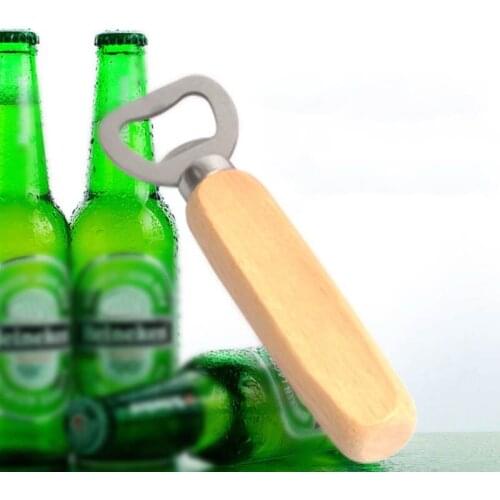 1Pcs Wood Handle Bear Bottle Opener Kitchen Gadgets Portable Stainless Steel Simple Retro Wine Openers Bar Tools