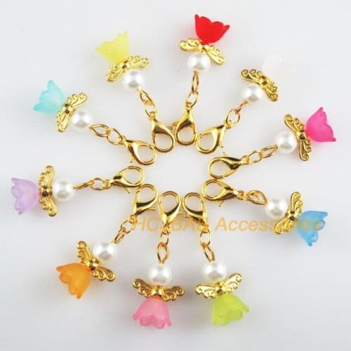 10 New Tiny Angel 14x19mm Charms Mixed Flower Acrylic Gold Color Retro With Lobster Claw Clasps