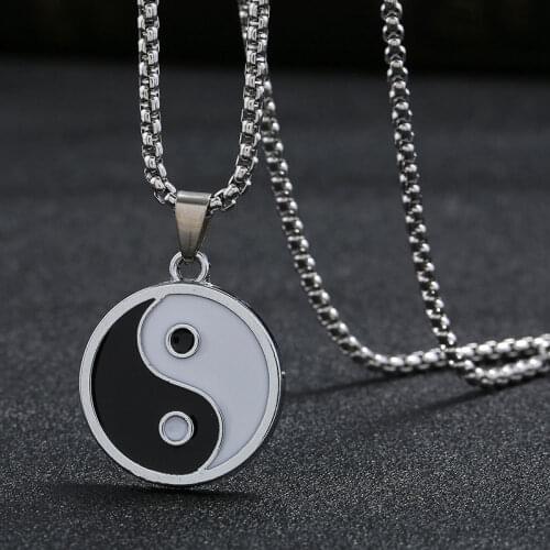 Black White Chinese Yin Yang Taiji Bagua Pendant Necklaces For Men Women Couple Long Chain Statement Jewelry Best Friends Gift