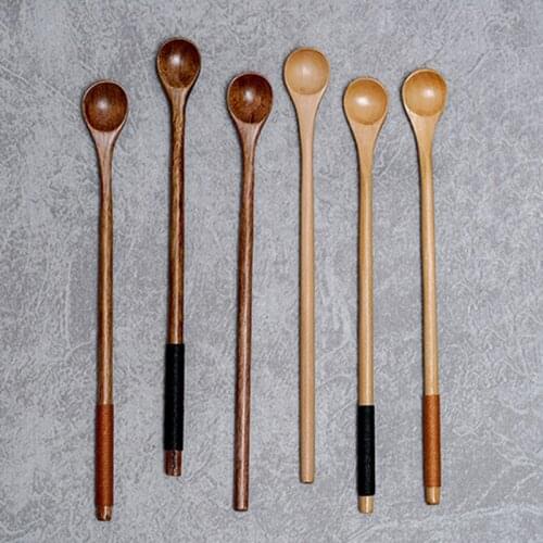 Wooden Spoons with Long Handle Stirring Mixing Spoon Dessert Coffee Tea Honey Soup Spoons Tableware Utensil Kitchen Supplies