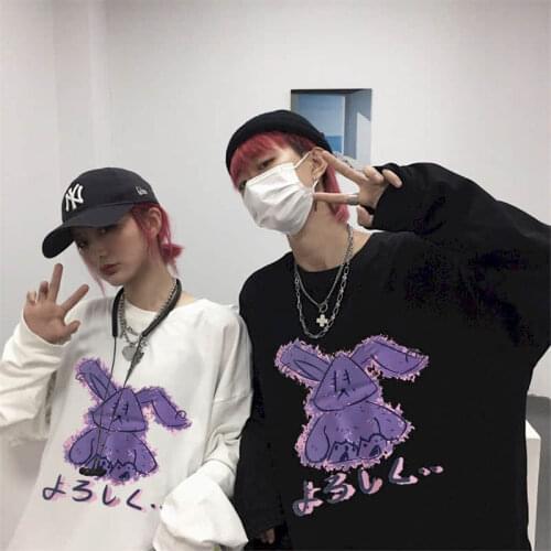 Men women T-shirt couple wear 2020 new student trend retro Gothic Rabbit print long-sleeved t-shirt student loose top streetwear
