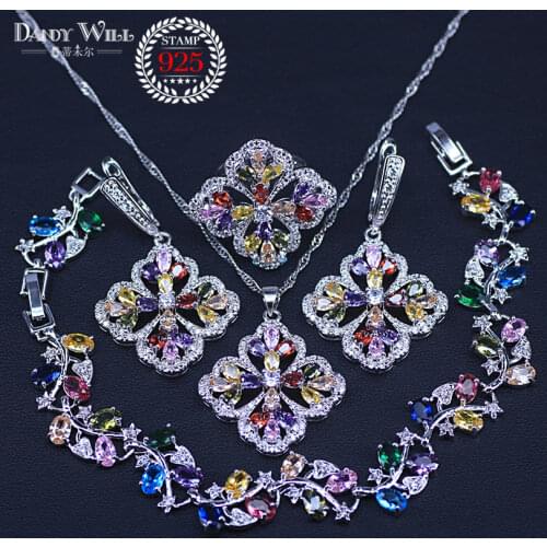 Dubai Style Muliticolor CZ Silver Color Jewelry Sets For Women Party Earrings/Pendant/Necklace/Rings/Bracelets Sets