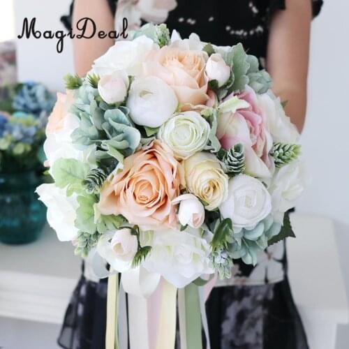 MagiDeal Elegant Artificial Bride Rose Ribbon Bouquet Holder for Wedding Party Flower Girl Bridesmaids Groomsman Supply Multi