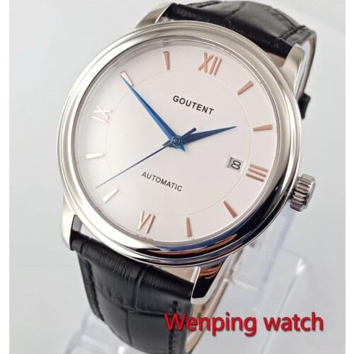 Goutent 40mm white dial silver case sapphire glass date automatic fashion simple mens mechanical watch