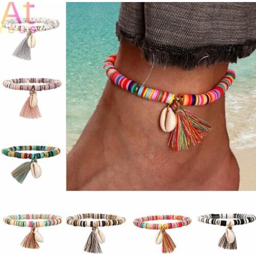 2021 New 7 Multicolor Tassel Anklet Bohemian Jewelry For Women polymerclay Beaded Elastic Chain Shell Ankle Chain Leg Foot Chain