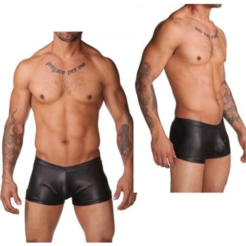 Sale Men Sexy Underwear Black Faux Leather Latex Boxer Shorts Elastic Stretchable Undershorts Men Erotic Panties Trunks