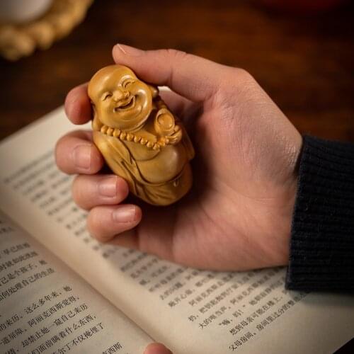 Boxwood 6cm Maitreya Sculpture Wood Carving Laughing Buddha Statue Home Decor