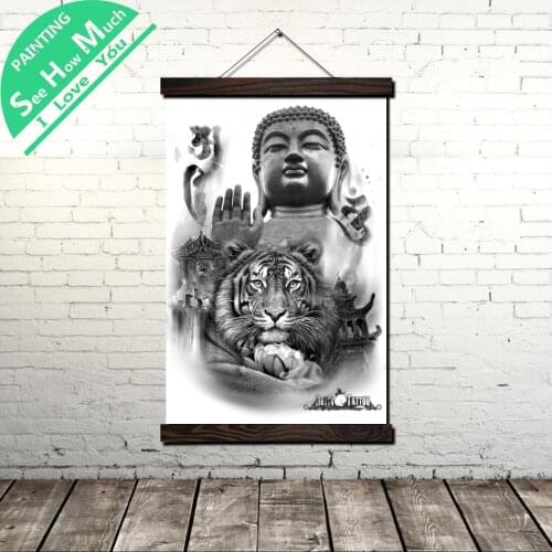 Tiger Buddha Scroll Painting Canvas Vintage Poster and Print Wall Art Pictures Living Room Bedroom Farmhouse Decoration
