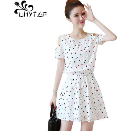 UHYTGF Womens summer dress fashion Small fresh off-the-shoulder waist lady dress Printed pocket casual party dresses vestido 269
