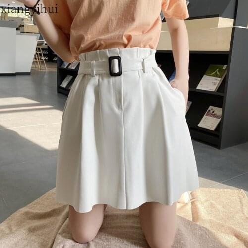 White Black Casual Pu Skirt Women Street Office Fashion Pockets Skirt with Belt Female Ladies High-waisted Faux Leather Skirts