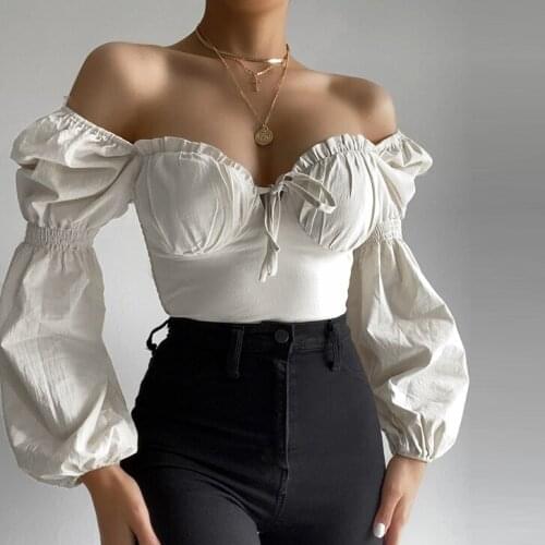 Women Elegant Blouse Solid Color Sexy Off Shoulder Long Puff Sleeve V-Neck Wrapped Chest Ruched Slim Wild Blouse Tops