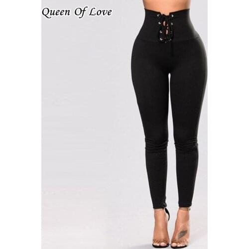 Fashion Women Black High Waist Leggings Casual Pants Sexy Skinny Cross Lace Up Bandage Pencil Trousers Stretch Fitness Legging