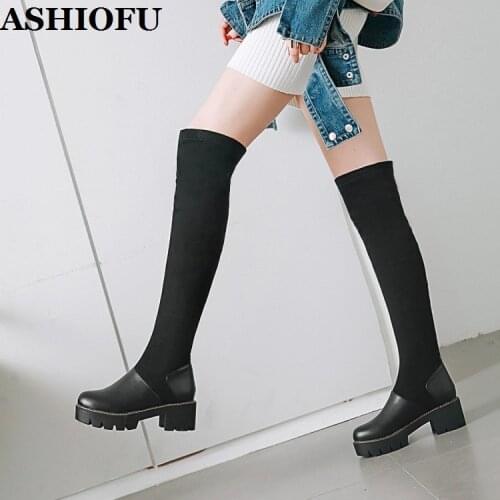 ASHIOFU New Classic Womens Block Heels Boots Thick-heel Party Prom Knee-high Boots Winter Evening Fashion Long Black Boot Shoes