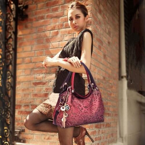 Ladies Pu Leather Tote Bags Vintage Top-Handle Bags for Women Hollow Out Ombre Handbag Floral Print Shoulder Bags