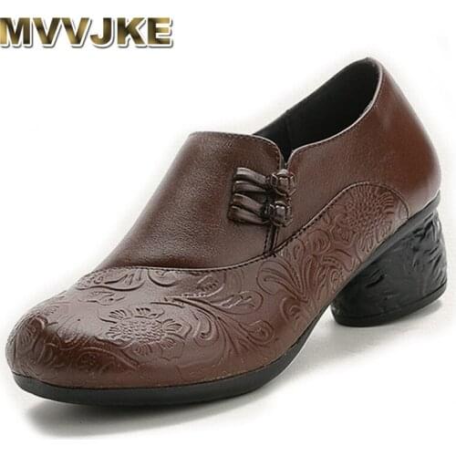 MVVJKE Spring Autumn National Style Women Pumps Flower Printing Round Toe Genuine Leather Women Chunky Heel Shoes Plus Size 41