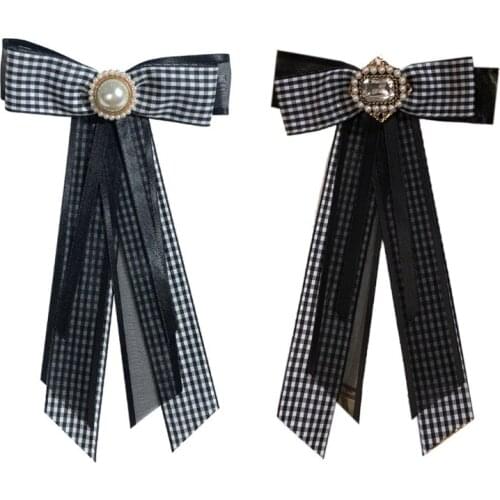 Women Shirt Collar Pin Rhinestone Pearl Plaid Ribbon Bow Tie Brooch Vintage Student Jewelry Bowknot Pre Tie Necktie