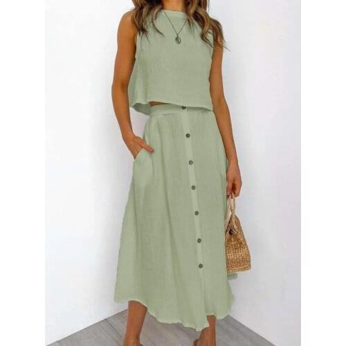 Loose Casual White Solid Women Skirt Set Sleeveless Crop Tops And Button Pockets Long Skirts Ladies Suit Summer Beach Style 2021