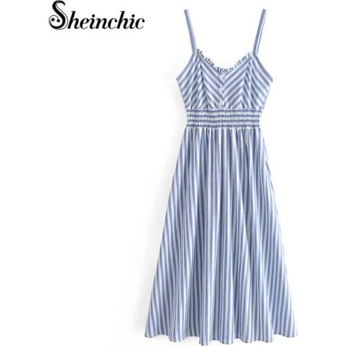 Sexy V-neck Spaghetti Strap Vestidos De Fiesta 2021 Casual Blue Striped Pleated Long Dresses for Women