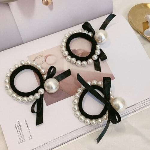 1PCS NEW Black Bowknot Pearl Sweet Girls Hair Rope Headband Thick Elastic Fashion Womens Hair Circle Hair Accessories