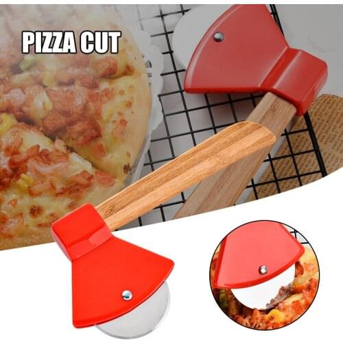 1 Pcs Axe Bamboo Handle Pizza Cutter Rotating Blade Home Kitchen Cutting Tool Household Waffle Cookies Cake Cutting Knife Gadget