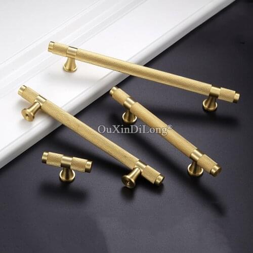 2PCS Gold Knurled/Textured Simple Kitchen Cabinet Knobs and Handles Drawer Pulls Knobs Brass T Bar Cabinet Hardware GF259